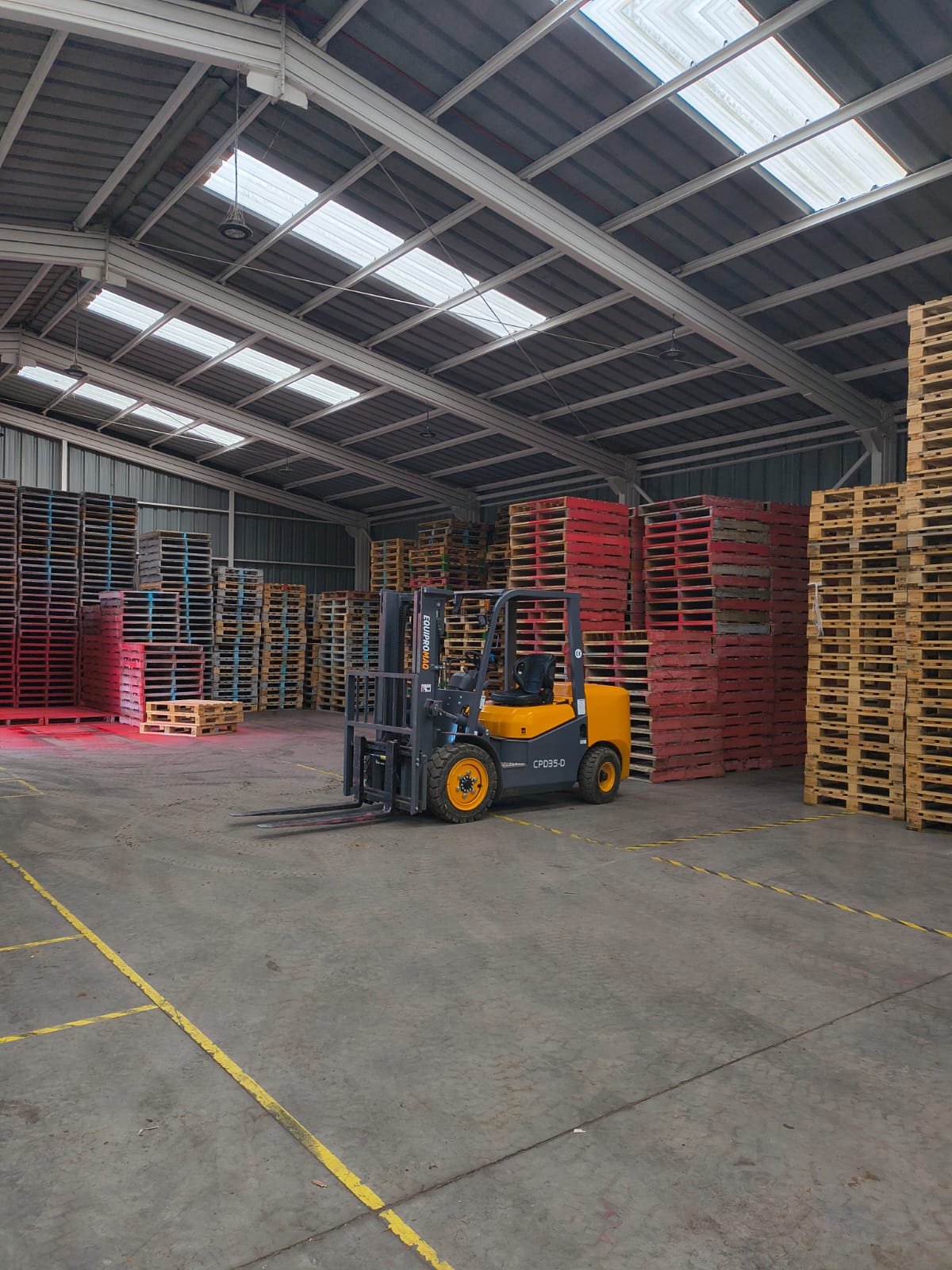 Interior de la planta de reacondicionamiento con pallets clasificados y grúa horquilla